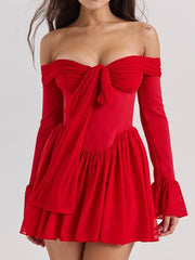 Red Strapless Flare Pleated Bodycon Dress