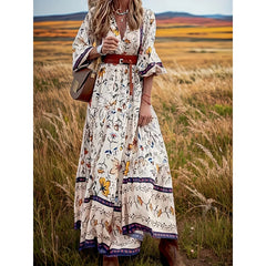 Floral V Neck Polyester Maxi Boho Dress
