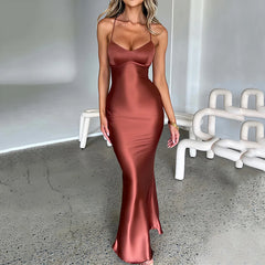 Satin Mermaid Lace-Up Maxi Dress