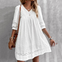 Lace V Neck Half Sleeve White Boho Dress