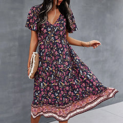 Floral Cotton Bohemian V Neck Summer Boho Dress