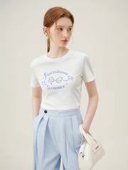 Bow Letter Print Slim Black T-shirt