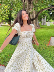 Puff Sleeve Split Maxi Floral Dress