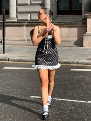 Polka Dot Lace Bow Straps Party Dress