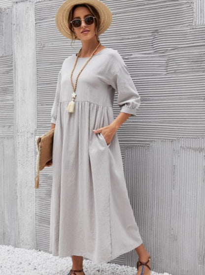 Amy Fashion - Loose Solid Lantern Sleeve Pocket Dresses