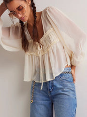 Women Ruffle Lace Chiffon Tie Chiffon Blouse