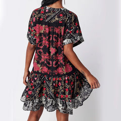 Flowy Print Deep V Neck Ruffle Boho Dress