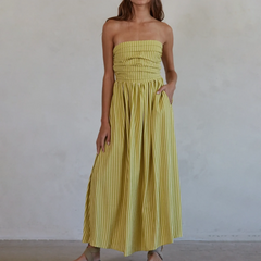 Striped Strapless Flowy Tube Midi Dress