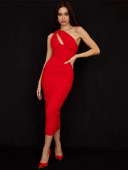 One Shoulder Ruched Bodycon Midi Dress