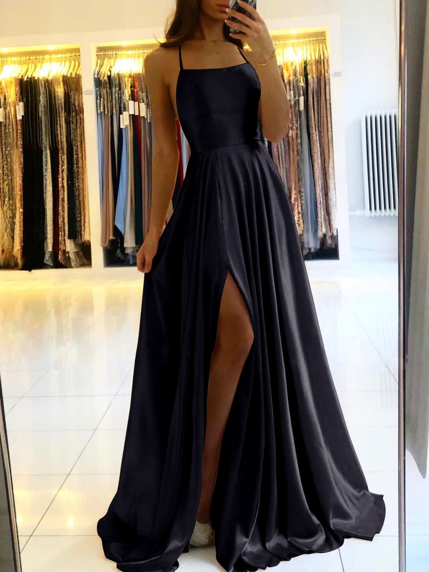 Amy Fashion - Backless Side Slit Halter Satin Evening Party Dress