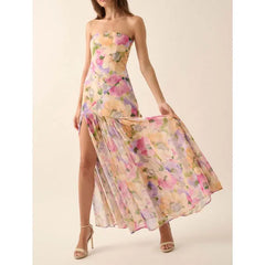 Ruffled Split Floral Bandeau Vacation Dress