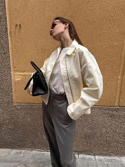 White Zipper Lapel Long Sleeve Coat