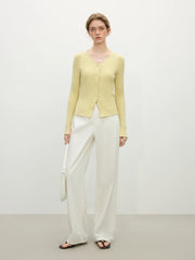 Ribbed V-neck Slit Cuff Knit Cardigan