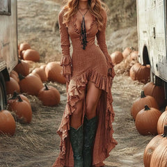 Solid Ruffle Irregular Slim V Neck Boho Dress