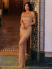 Crystal Mesh Off Shoulder Maxi Dress