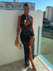 Lace Stretch Graphic Slit Maxi Dress