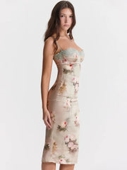 Spaghetti Strap Lace Print Bodycon Vacation Dress