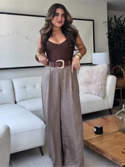 Satin Belted Wide Leg Pocket Pant