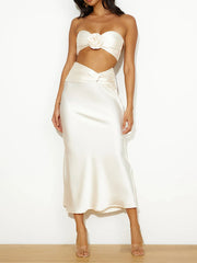 Satin Flower Bandeau Skirt Two Piece Set