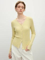 Ribbed V-neck Slit Cuff Knit Cardigan