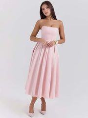 Pleated Strapless A-Line Midi Dress