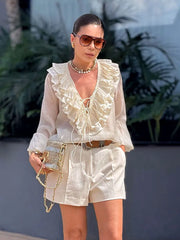 Spring Lace-Up Tiered V Neck Blouse