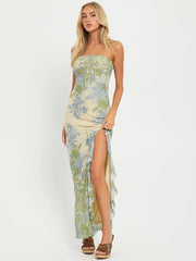 Strapless Mesh Split Ruffle Vacation Dress