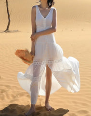 Sleeveless Deep V-Neck Lace Cotton Boho Dress