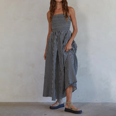 Striped Strapless Flowy Tube Midi Dress