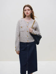 Wool Short Button Round Neck Cardigan