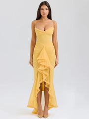 Ruffled Draped Yellow Maxi Bodycon Dress