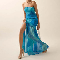 Tie-dye Rose Ruffled Split Vacation Dress