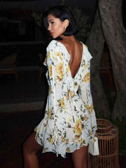 Chiffon Lace Up Printed Mini Dress