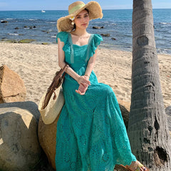 Floral Embroidery Lace Butterfly Sleeve Boho Dress