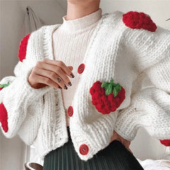 Strawberry Embroidered V-neck Lantern Cardigan