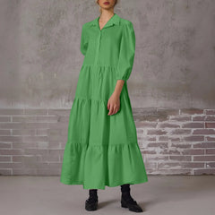 Casual Lapel Puff Sleeve Tiered Maxi Boho Dress