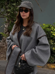 Loose Contrast Belted Woolen Coat