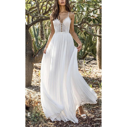 Amy Fashion - White Lace Maxi V-Neck Slim Sleeveless Boho Dress