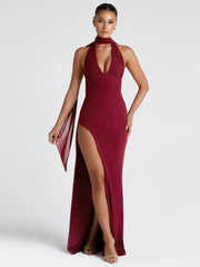 Halter Deep V Split Maxi Bodycon Dress