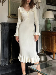 Ruffled Slim Knitted Retro Maxi Dress