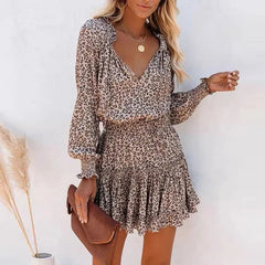 Leopard Print Cotton V Neck Autumn Boho Dress