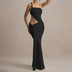One Shoulder Hollow Sleeveless Casual Ruffled Prom Dress
