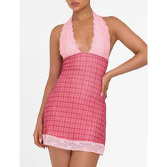 Plaid Slim Floral Lace Tri Bodycon Dress