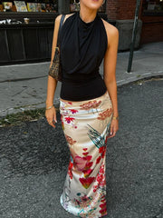 Colorful Print Ruched Peach Skirt