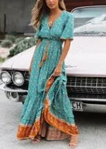 Blue Floral Deep V Neck Loose Boho Dress