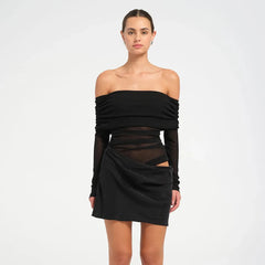 Tulle Satin Off Shoulder Full Sleeves Short Mini Prom Dress
