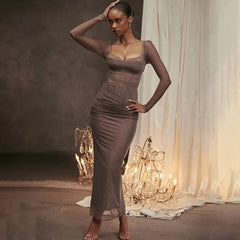 Mesh Strapless Backless Maxi Party Dress
