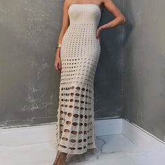Hollow Strapless Knitted Maxi Dress