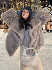 Fur Feather Lapel Patchwork Coat