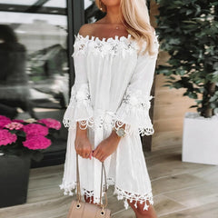 Lace Off Shoulder V Neck Short Sleeve Boho Dress